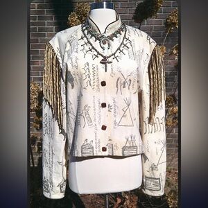 Rare Double D Ranch fringe jacket Native American hieroglyphics RTL $895 M EUC